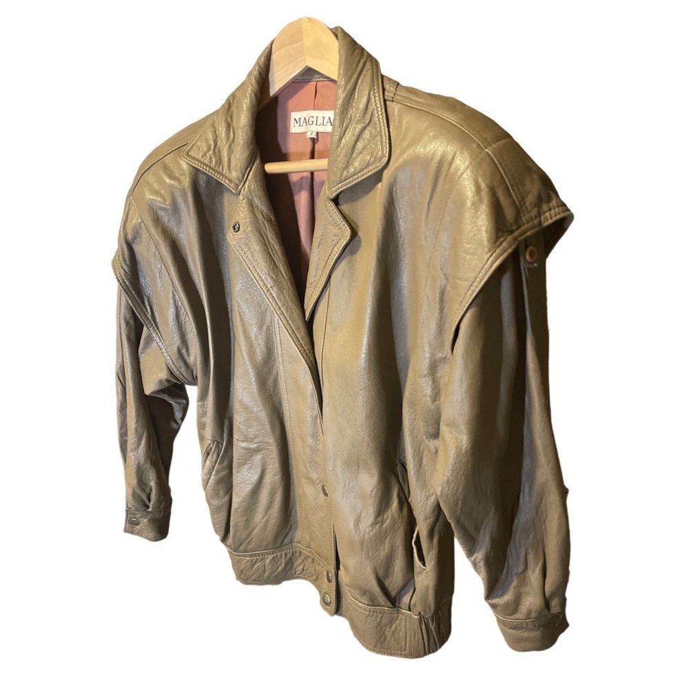 Vintage Maglia Tan Leather Snap Front Bomber Jacket SZ 8 - Picture 3 of 6